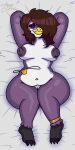 absurd_res anklet avian beak belly big_breasts big_butt bird breasts brown_hair butt claws clothing dakimakura eyelashes feathers female female/female fur genitals hair hands_behind_head hi_res humanoid jewelry leela_(minusdanna) minusdanna navel nipples nude nude_female penguin purple_body purple_feathers purple_fur shy slightly_chubby solo thong underwear vulva