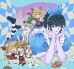  1girl 4boys :&lt; :/ :d ^_^ ace_(playing_card) ace_of_spades alice&#039;s_adventures_in_wonderland alice_(alice_in_wonderland) alice_(alice_in_wonderland)_(cosplay) amane_misa ambiguous_pink_liquid animal_ears animal_hands apron arched_crown back_bow bags_under_eyes black_dress black_eyes black_hair black_pants black_shirt black_shoes blonde_hair blue_bow blue_dress blue_shirt blue_shoes blush bob_cut bow bow_hairband brown_eyes card cat_ears cat_paws cat_tail checkered_background checkered_clothes checkered_dress cheshire_cat_(alice_in_wonderland) cheshire_cat_(alice_in_wonderland)_(cosplay) chibi closed_eyes collared_shirt commentary cookie cosplay crossdressing crown death_note diamond_(shape) double-parted_bangs dress elbow_rest english_commentary english_text fingernails food food_on_face frilled_apron frilled_dress frilled_sleeves frills full_body furrowed_brow grabbing_another&#039;s_arm green_hat grin hair_between_eyes hair_bow hairband hands_on_own_chin hands_up hat head_rest heart heart_print highres holding holding_scepter holding_stopwatch indian_style l_(death_note) legs_up long_sleeves looking_at_another lying mad_hatter_(alice_in_wonderland) mad_hatter_(alice_in_wonderland)_(cosplay) maid_apron medium_dress mello_(death_note) messy_hair multiple_boys near_(death_note) on_stomach pajamas pale_skin pants pantyhose parted_lips pink_liquid playing_card playing_card_print polka_dot polka_dot_pajamas puffy_short_sleeves puffy_sleeves queen_of_hearts_(alice_in_wonderland) rabbit_ears rabbit_paws rabbit_tail red_dress red_pants red_shoes scepter shirt shoes short_hair short_sleeves short_twintails sidelocks sinjugatami sitting sleeveless sleeveless_shirt smile socks spade_(shape) standing standing_on_one_leg stopwatch striped_clothes striped_pantyhose sweatdrop tail twintails white_apron white_bow white_pajamas white_rabbit_(alice_in_wonderland) white_rabbit_(alice_in_wonderland)_(cosplay) white_socks yagami_light 