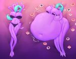 absurd_res anthro belly big_belly big_breasts blush blush_lines bra breasts cephalopod cleavage clothed clothing coleoid dakimakura dakimakura_design decapodiform female food green_hair hair hair_over_eye hand_on_breast heart_symbol hi_res huge_belly huge_breasts hyper hyper_belly karen_(mysterydad) lying marine mollusk motion_lines mysterydad navel on_back on_side one_eye_obstructed panties pastry pseudo_hair pupils purple_body solo squid stuffing tentacle_hair tentacles underwear unusual_pupils wide_hips yellow_sclera