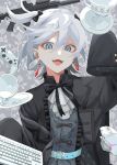  1girl absurdres ascot assault_rifle belt black_bow black_bowtie black_coat bow bowtie coat commentary computer_keyboard computer_mouse controller cup earrings fangs game_controller green_eyes grey_hair gun h&amp;k_hk416 hair_bow hashtag-only_commentary highres indie_virtual_youtuber jewelry looking_at_viewer mujikuro nekomugi_tororo open_mouth rifle sleeves_past_fingers sleeves_past_wrists solo virtual_youtuber weapon white_ascot 