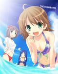  ahoge amami_haruka awakened_miki bad_id bad_pixiv_id beach bikini blue_hair blush breast_rest breasts breasts_on_head brown_hair closed_eyes day fang green_eyes hoshii_miki idolmaster idolmaster_(classic) idolmaster_1 kisaragi_chihaya komone_ushio large_breasts long_hair miura_azusa multiple_girls ocean outdoors ribbon short_hair swimsuit 