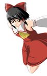  black_hair bow brown_eyes detached_sleeves dress hair_bow hair_tubes hakurei_reimu kanzuki_yuu long_sleeves outstretched_arms red_bow red_dress ribbon-trimmed_sleeves ribbon_trim serious short_hair sidelocks simple_background solo touhou white_background 