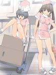  akinbo akinbo_(hyouka_fuyou) asai_nana black_hair brown_hair dress gloves grey_eyes hat long_hair multiple_girls no_socks nurse open_mouth original panties pantyshot pink_dress pink_footwear pink_hat shoes short_hair sitting twintails underwear white_gloves white_panties 