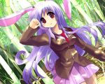  animal_ears bad_id bad_pixiv_id bamboo bamboo_forest bunny_ears dutch_angle forest kobanzame light_rays long_hair nature purple_hair red_eyes reisen_udongein_inaba school_uniform solo sunbeam sunlight touhou 