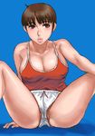  blue_background breasts brown_eyes brown_hair cleavage copyright_request gym_uniform large_breasts lips lowres matoyama oekaki short_hair solo spread_legs 