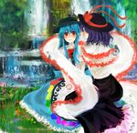  bad_id bad_pixiv_id black_skirt blue_hair chiri_(o9o9) grass hat hinanawi_tenshi multiple_girls nagae_iku nature purple_hair red_eyes skirt touhou water waterfall 