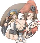  1girl bare_shoulders blonde_hair bridget_(guilty_gear) brown_eyes brown_hair bulge chain guilty_gear habit hat heart ichimonji_kei may_(guilty_gear) orange_hat otoko_no_ko roger 