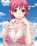  bikini breasts cake cleavage day doily food green_eyes happoubi_jin iihara_nao large_breasts pastry pink_hair resort_boin see-through sexually_suggestive shirt short_hair sleeves_pushed_up slice_of_cake solo strawberry_shortcake sweat swimsuit tongue wet wet_clothes wet_shirt 