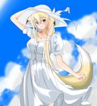  animal_ears artist_request blonde_hair cloud copyright_request day dress fox_ears glasses hat long_hair non-web_source red_eyes see-through_silhouette sky smile solo sundress tail 