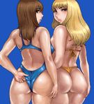  adjusting_clothes adjusting_swimsuit ass back bikini blonde_hair blue_background blue_eyes blush brown_eyes brown_hair copyright_request curvy from_behind lips long_hair looking_back lowres matoyama multiple_girls oekaki one-piece_swimsuit swimsuit thong_bikini 