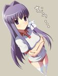  blush breast_hold breast_rest breasts buruma clannad crossed_arms frown fujibayashi_kyou gym_uniform hair_ribbon kai_ha long_hair medium_breasts purple_eyes purple_hair ribbon solo thighhighs 