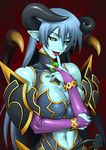  armor astaroth_(shinrabanshou) bang-you bare_shoulders black_sclera blue_skin breasts cleavage demon_girl earrings elbow_gloves gloves heart heart_earrings horns huge_breasts jewelry licking long_hair navel pointy_ears shinrabanshou solo succubus tail tongue wings 