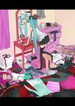  bad_id bad_pixiv_id bedroom casual chest_of_drawers green_eyes green_hair gyoniku_sausage hatsune_miku letterboxed long_hair messy_room mirror solo table thighhighs twintails vanity_table vocaloid world_is_mine_(vocaloid) 
