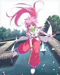  :d arche_klein broom broom_riding dock elbow_gloves flying gloves long_hair open_mouth pants pink_eyes pink_hair pink_pants ponytail smile solo tales_of_(series) tales_of_phantasia yakka 