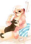  breasts cat glasses medium_breasts misaki_kozue original pink_hair ponytail solo 