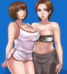  bandeau blue_background breasts brown_eyes brown_hair cleavage copyright_request curvy denim jeans large_breasts lips lowres matoyama multiple_girls navel oekaki pants plump short_hair shorts strapless tubetop 