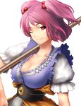  bad_id bad_pixiv_id belt breasts chirigami-san cleavage large_breasts one_eye_closed onozuka_komachi pink_eyes pink_hair scythe short_hair smile solo touhou two_side_up 