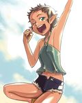  ;d arm_up armpits bowieknife brown_hair camisole dark_skin denim denim_shorts green_eyes happy navel one_eye_closed open_mouth original pointy_ears short_hair shorts smile solo sparkle 