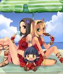  animal_ears beach day eating final_fantasy final_fantasy_xi food happy hume ikusabe_lu meat mithra multiple_girls popsicle smile tarutaru 