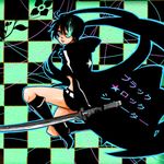 bad_id bad_pixiv_id bangs belt bikini_top black_hair black_rock_shooter black_rock_shooter_(character) boots burning_eye checkered cloak coat flat_chest front-tie_top gloves green_eyes hood hooded_jacket jacket katana knee_boots long_hair lowres mario_(gkmario) midriff short_shorts shorts solo star sword twintails uneven_twintails very_long_hair weapon zipper 
