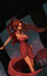  aerith_gainsborough bracelet breasts brown_hair cleavage cropped_jacket dress final_fantasy final_fantasy_vii jewelry kara_(color) large_breasts legs long_hair necklace pink_dress ribbon solo staff 