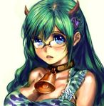  bell blue_eyes bow_(bhp) breasts cleavage cow_bell glasses green_hair horns large_breasts original rimless_eyewear solo 