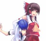  akino_komichi armpits ascot bare_shoulders blue_hair bow brown_eyes brown_hair detached_sleeves hair_bow hair_tubes hakurei_reimu headlock hinanawi_tenshi long_sleeves looking_at_viewer multiple_girls red_bow red_skirt short_hair sidelocks simple_background skirt touhou white_background 