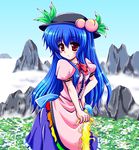  blue_hair food fruit hat hinanawi_tenshi long_hair nagana_sayui peach red_eyes ribbon solo sword sword_of_hisou touhou weapon 