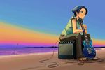  amplifier beach blue_eyes blue_hair bowieknife cable guitar instrument original sandals short_hair sitting solo 