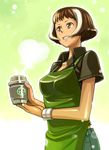  apron bowieknife brown_eyes brown_hair coffee coffee-tan dark_skin multicolored_hair original product_girl short_hair solo starbucks 