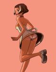  ass back bowieknife brown_eyes brown_hair coffee-tan collar dark_skin dress food_themed_clothes looking_back multicolored_hair original panties product_girl short_hair solo starbucks strapless strapless_dress tube_dress underwear 