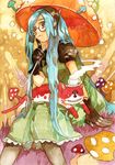  blue_hair cat chachie cup glasses gloves long_hair mushroom original solo umbrella 