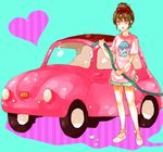  bad_id bad_pixiv_id brown_hair car dada_(dolce) ground_vehicle hair_ribbon heart left-hand_drive motor_vehicle original ribbon short_hair solo washing 