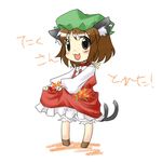  animal_ears azuma_ezu bad_id bad_pixiv_id brown_hair cat_ears cat_tail chen chibi china_dress chinese_clothes dress earrings flower hat jewelry lowres multiple_tails ribbon short_hair solo tail touhou 