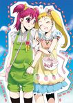  arm_holding bag blonde_hair casual closed_eyes dress happy heart kasugano_urara_(yes!_precure_5) kikuchi_mataha long_hair multiple_girls pink_eyes pink_hair precure short_hair smile thighhighs twintails two_side_up yes!_precure_5 yumehara_nozomi 