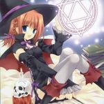  aquarian_age blue_eyes book braid candle cape detached_sleeves frills glyph hat highres red_hair ribbon sitting skull smile solo thighhighs wand witch witch_hat wnb_mark 