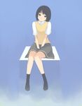  black_eyes black_hair oboru_konbu original school_uniform short_hair sitting socks solo sweater 