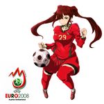  aguhari bad_id bad_pixiv_id ball brown_hair clothes_writing euro_2008 europass long_hair original playing_sports portugal smile soccer soccer_ball solo sport sportswear thighhighs twintails wide_hips 