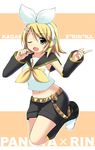  blonde_hair cosplay hana_(pangya) kagamine_rin kagamine_rin_(cosplay) kyoku_tou midriff one_eye_closed pangya shorts solo vocaloid 