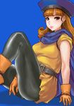  alena_(dq4) belt blue_background boots brown_eyes dragon_quest dragon_quest_iv earrings gloves hat jewelry lips long_hair lowres matoyama oekaki pantyhose red_hair skirt solo yellow_skirt 