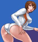  ass bent_over blue_background brown_eyes brown_hair copyright_request curvy leotard lips looking_back lowres matoyama oekaki short_hair solo 