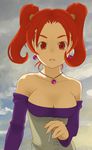  artist_request bare_shoulders breasts corset dragon_quest dragon_quest_viii dress earrings jessica_albert jewelry large_breasts necklace purple_shirt red_eyes red_hair shirt solo strapless strapless_dress twintails 