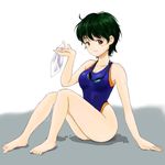  barefoot brown_eyes competition_swimsuit goggles green_hair macla one-piece_swimsuit original short_hair sitting solo swim_cap swimsuit 