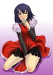  blue_hair blush kneeling legs morimoto_kanaru persona persona_trinity_soul robe segami_daisuke short_hair skirt solo 