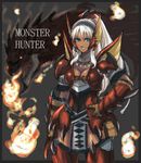  armor blue_eyes breasts cleavage dark_skin dragon fire gloves hairband large_breasts loincloth long_hair monster monster_hunter rathalos rathalos_(armor) solo standing tetsu_(kimuchi) thighhighs white_hair 