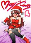  bed blush boots breasts christmas cleavage elbow_gloves gloves hat kirijou_mitsuru large_breasts long_hair persona persona_3 red_hair santa_costume santa_hat segami_daisuke shoes single_shoe solo sweat thighhighs 