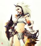  bandeau elbow_gloves gloves hairband hironox horn kirin_(armor) loincloth monster_hunter shield solo spikes sword weapon white_hair 