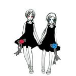  artist_request blood+ blue_eyes blue_flower blue_rose diva_(blood+) dress flower lowres monochrome multiple_girls otonashi_saya red_eyes rose siblings spot_color twins 