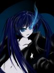  bad_id bad_pixiv_id bangs belt bikini_top black_hair black_rock_shooter black_rock_shooter_(character) blue_eyes burning_eye coat flat_chest front-tie_top gloves hood hooded_jacket jacket long_hair midriff navel pale_skin scar shorts solo star twintails uneven_twintails very_long_hair yaruku 