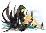  bad_id bad_pixiv_id bag cape copyright_request floating gloves grass green_hair high_heels hood leg_hold shoe_dangle shoes short_hair solo tsujisaki wings 